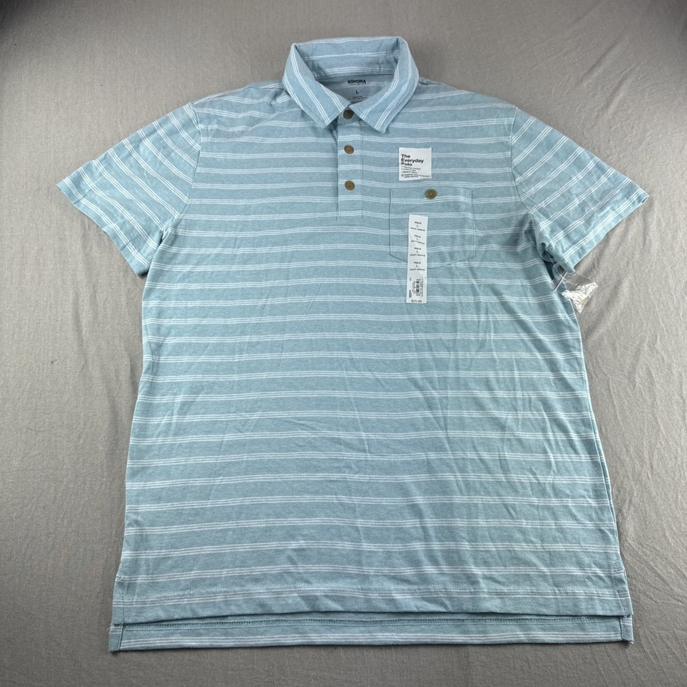 Sonoma Everyday Polo Mens L Blue Striped Golf Shirt Stretch Short Sleeve Preppy